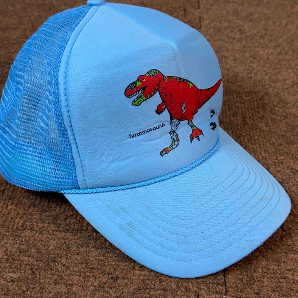 A+ Vintage Nissin Cap Tyrannosaurus Rex Trucker Hat Blue Mesh Snapback T-Rex